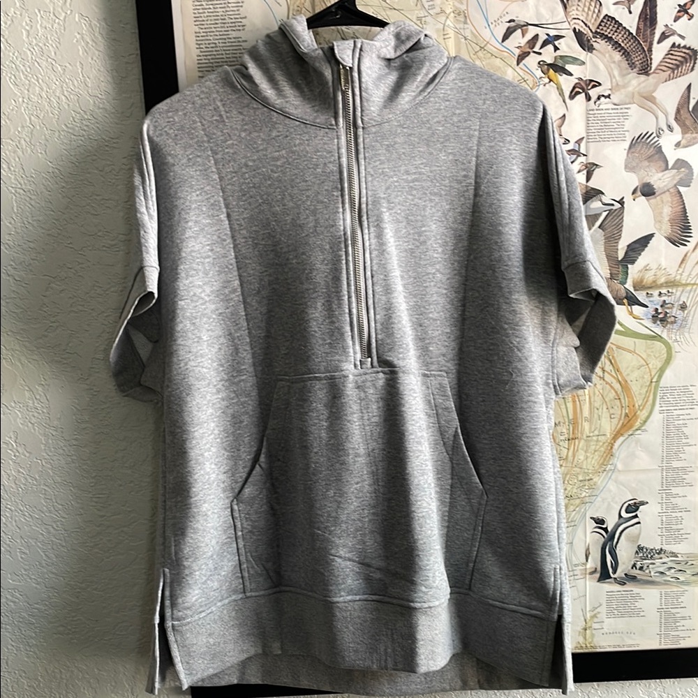 Gray Short Sleeve Hoodie with Front Pocket